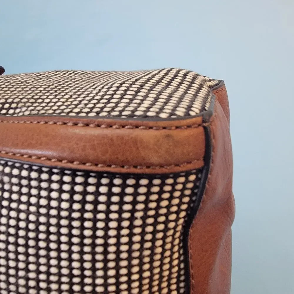 Fossil Kendall Satchel Bag Black White Fabric Brown Leather Trim Handbag